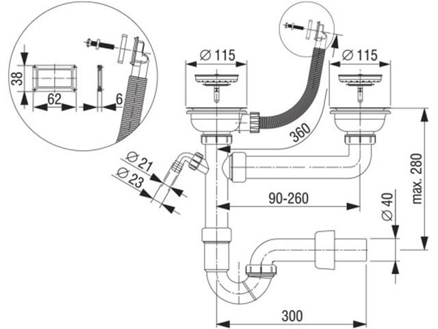 Sifon za dv. pom. korito, prikl. in prav. preliv