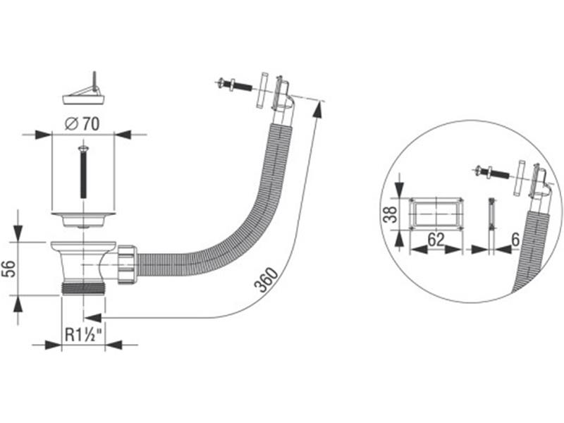 Izlivni ventil ø 70 mm z gibljivim pravokotnim prelivom