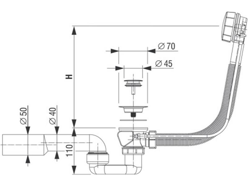 Sifon za kop. kad, avt., H = 450 mm, gumb ø 45 mm