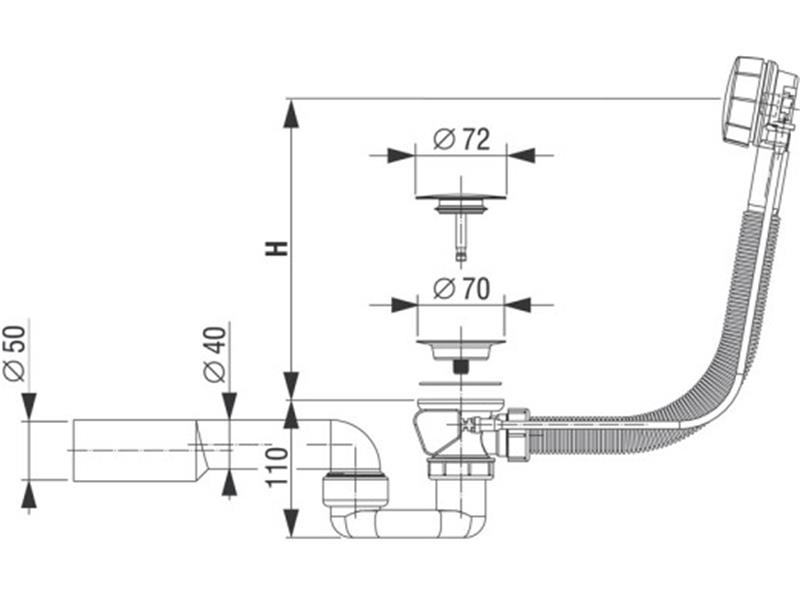 Sifon za kop. kad, avt., H = 650 mm, gumb ø 70 mm