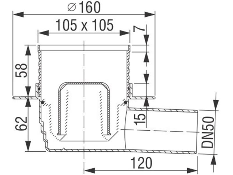 Horizontalni sifon DN50, rešetka 105 × 105 mm