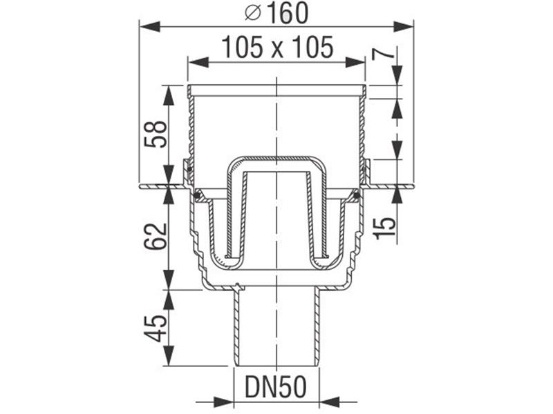 Talni vertikalni sifon DN50, rešetka 105 × 105 mm