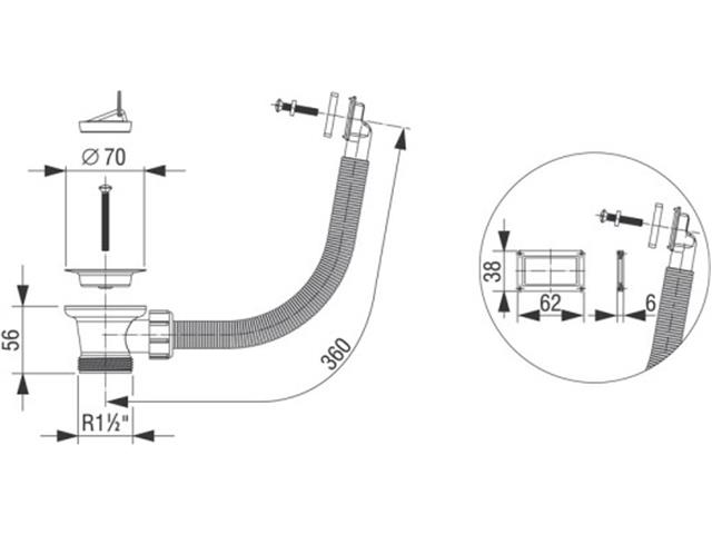 Izlivni ventil ø 70 mm z gibljivim pravokotnim prelivom