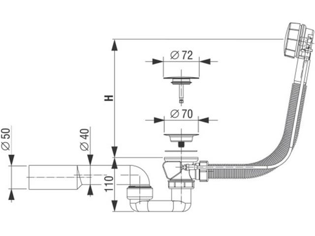 Sifon za koP. kad, avt., H = 550 mm, gumb ø 70 mm