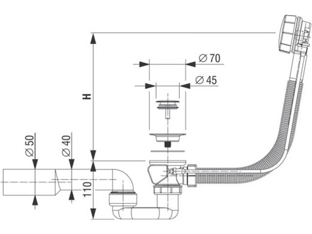 Sifon za kop. kad, avt., H = 650 mm, gumb ø 45 mm