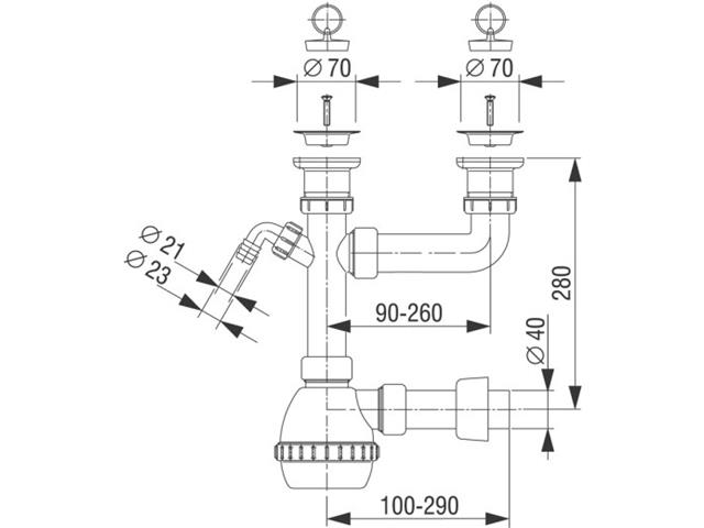 Sifon za dvojno pomivalno korito, s priključkom