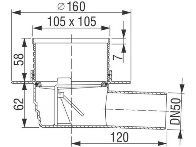 Horiz. sifon DN50, rešet. 105×105 mm, suha zapora