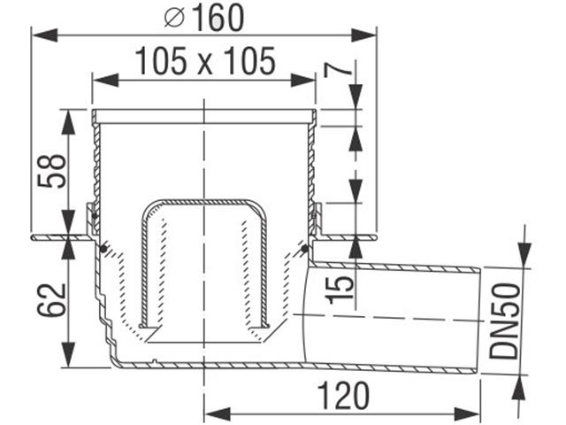 Horizontalni sifon DN50, rešetka 105 × 105 mm