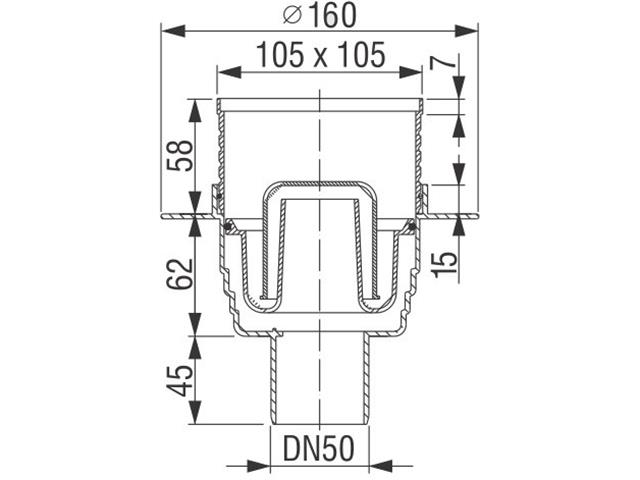 Talni vertikalni sifon DN50, rešetka 105 × 105 mm