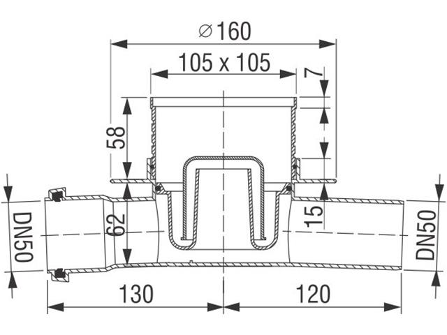 Horiz. pretočni sifon DN50, rešetka 105×105 mm